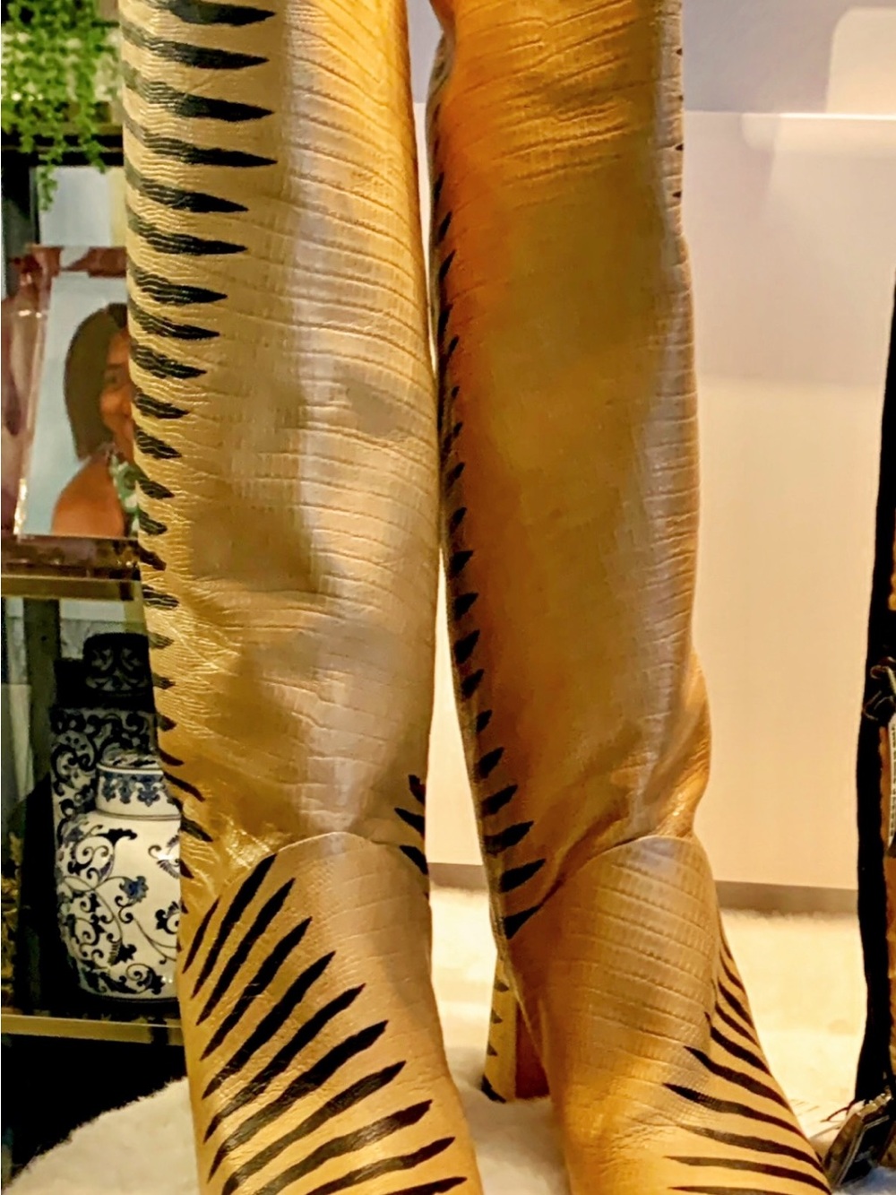Miista Metallic Gold Over-the-Knee Boots with Black Zebra Stripes